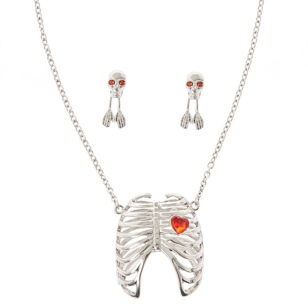 Halloween Girls Skeleton Heart with Drop Earrings Jewelry Set New